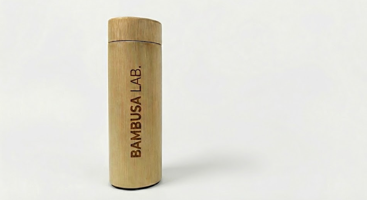 Precision laser engraving on bamboo body and cork base